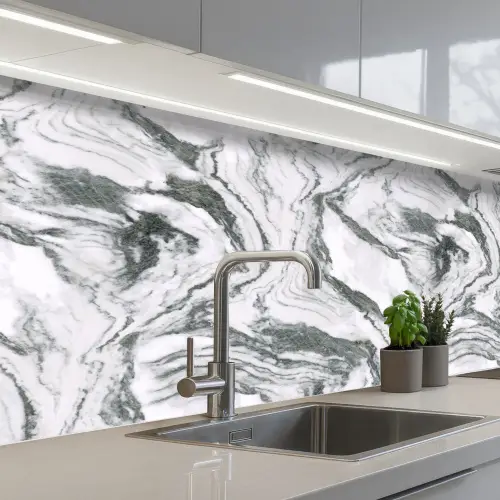 Wit - Marmer - Golvend - Grafiet keuken achterwand 2 middel 871 -3d_schuin