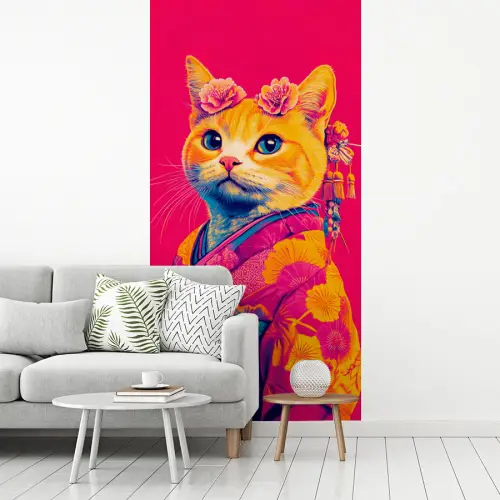 Kat - Kimono - Bloemen - Roze fotobehang vinyl groot -woonkamer