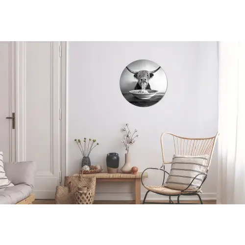 Schotse Hooglander - Spaghetti - Dieren - Zwart wit Wandcirkel aluminium klein -woonkamer