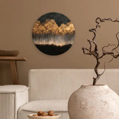 Gouden Bomen in Mistig Landschap Wandcirkel kunststof plaat 5mm dik klein -sfeer1