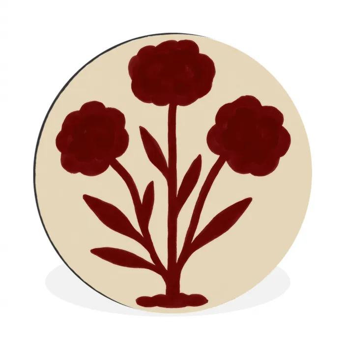 Bloemen - Bladeren - Rood - Minimalistisch Wandcirkel aluminium klein -3d