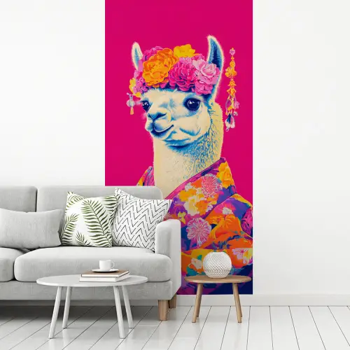 Lama - Kimono - Bloemenkrans - Felroze fotobehang vinyl groot -woonkamer