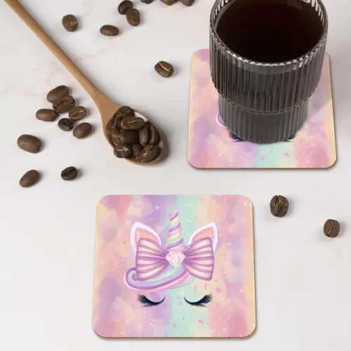 Eenhoorn - Glitters - Regenboog - Pastel onderzetter kurk middel -sfeer2