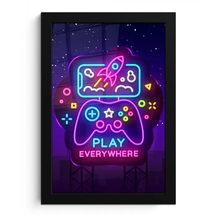 Gaming - Neon - Play - Blauw - Nacht - Controller fotolijst zwart zonder passe partout klein -3d