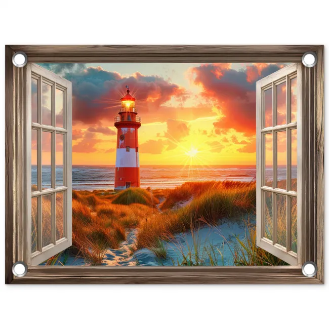 Doorkijk - Raam - Vuurtoren - Zonsondergang - Strand tuinposter los doek klein -3d