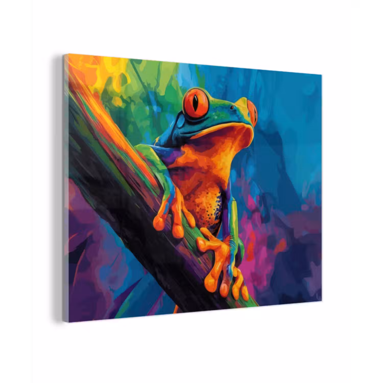 Glas schilderij - Kikker - Felgekleurd - Tak - Regenboog