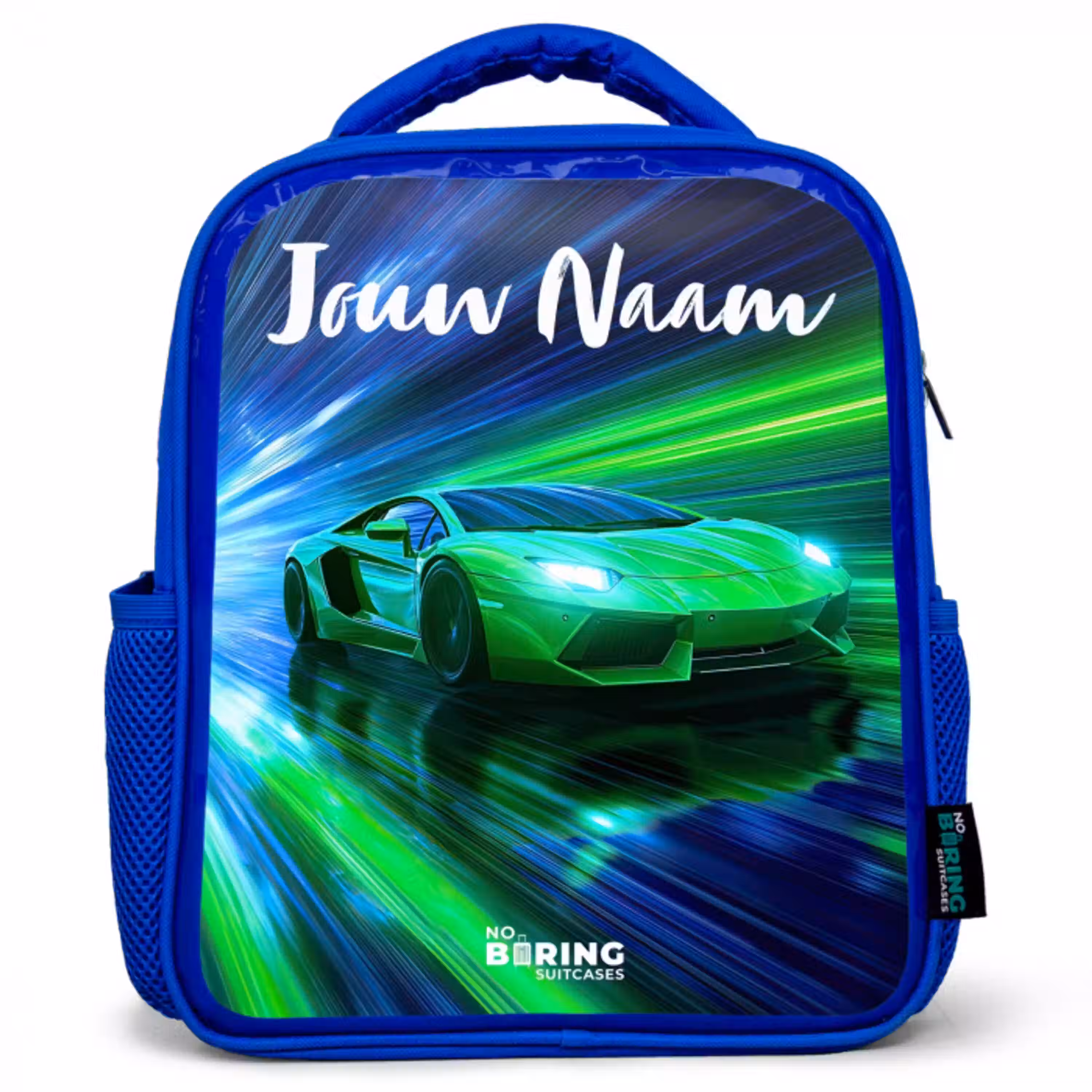 Sportauto - Groen - Snelheidslijnen - Neon Kinderrugzak - Blauw middel -3d