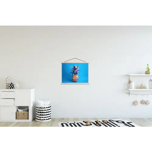 Ananas - Blauw - Tropisch - Vrolijk textielposter latten blank klein -kinderkamer