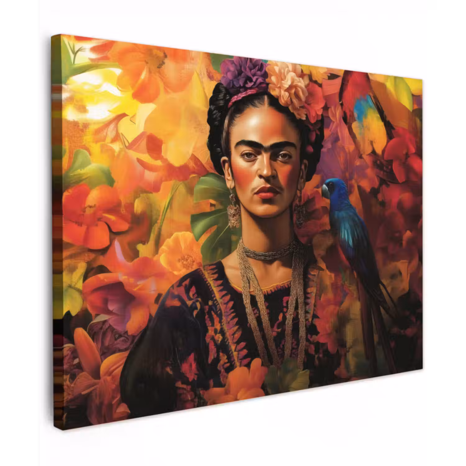 Canvas schilderij - Vrouw - Bloemen - Papegaai - Schilderachtig