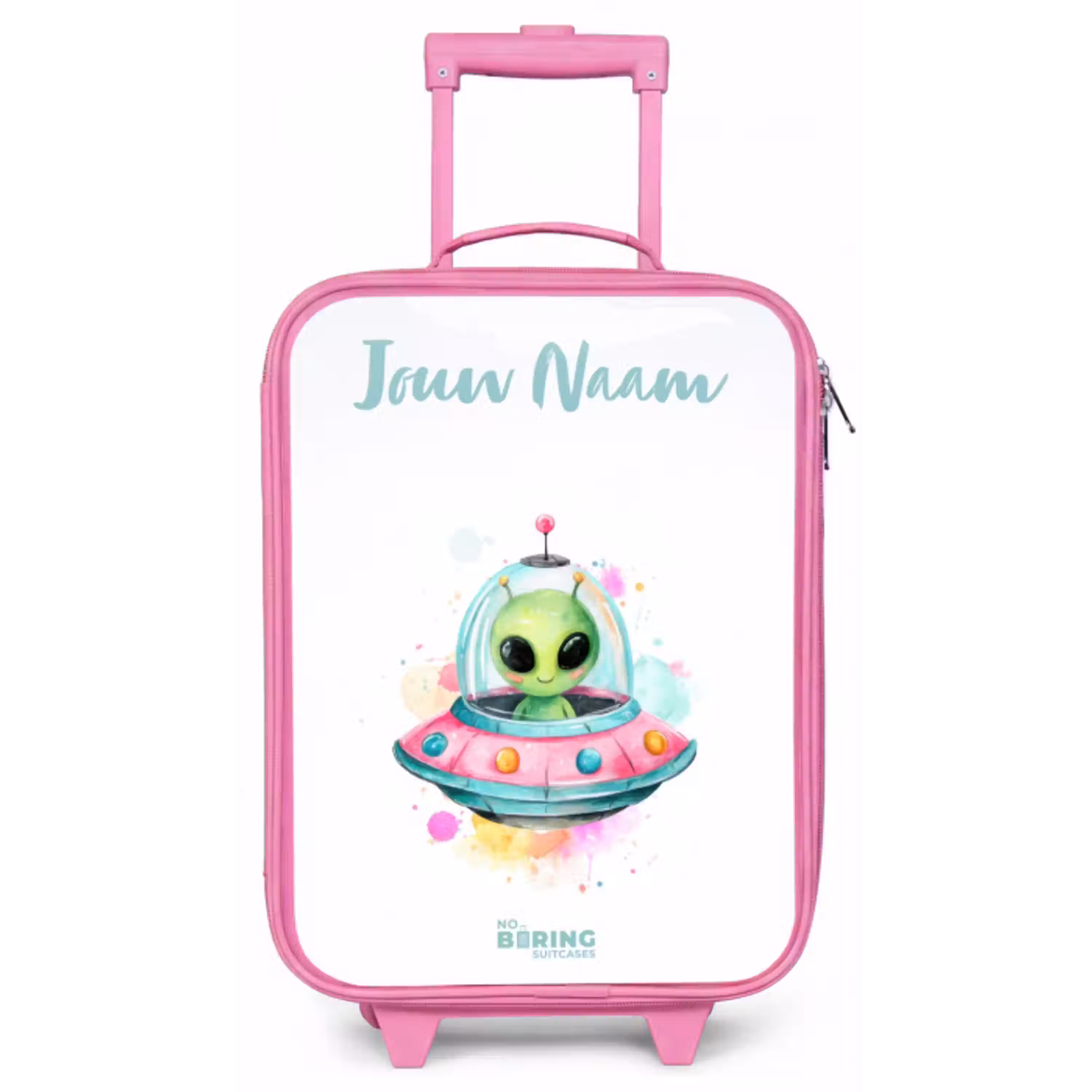 Groene alien in kleurrijke UFO Kinderkoffer - Roze klein -zz3dotto