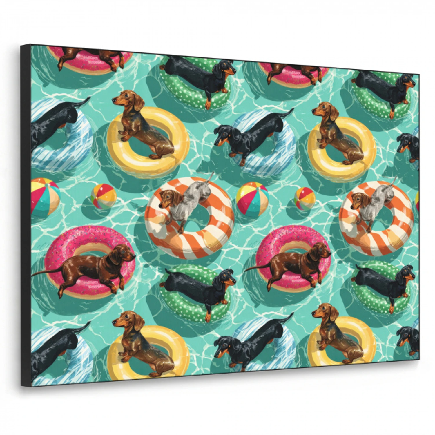 Teckels - Zwembad - Kleurrijk Textielframe zwart klein 947 -3d