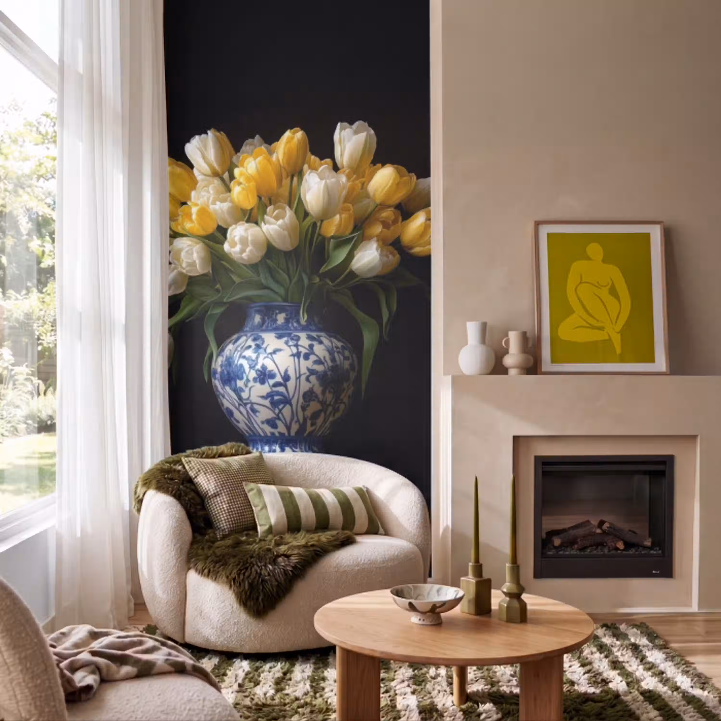 Geel - Tulpen - Vaas - Bloemen Behang Vlies klein -sfeer2