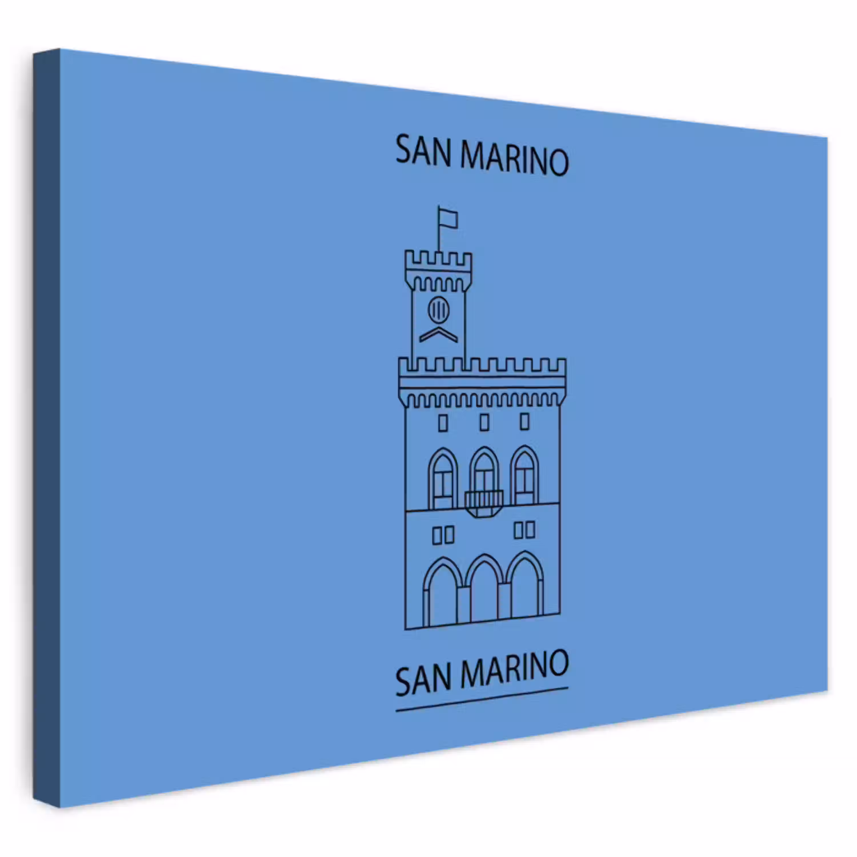 Gebouw - San Marino - Architectuur - Lijntekening - Blauw Tuinposter op houten frame 2 cm dik klein -3d