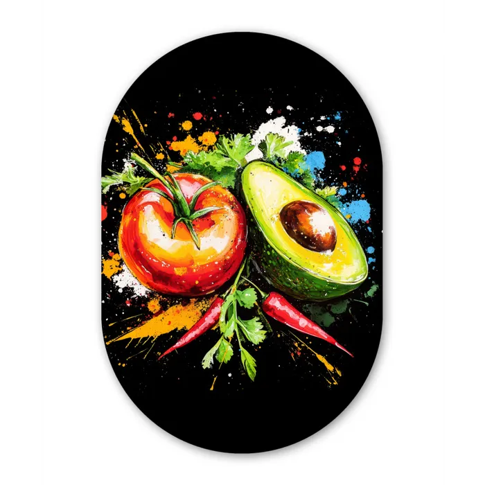 Tomaat - Avocado - Peper - Graffiti - Verf - Modern Wandcirkel Ovaal Glas middel -3d