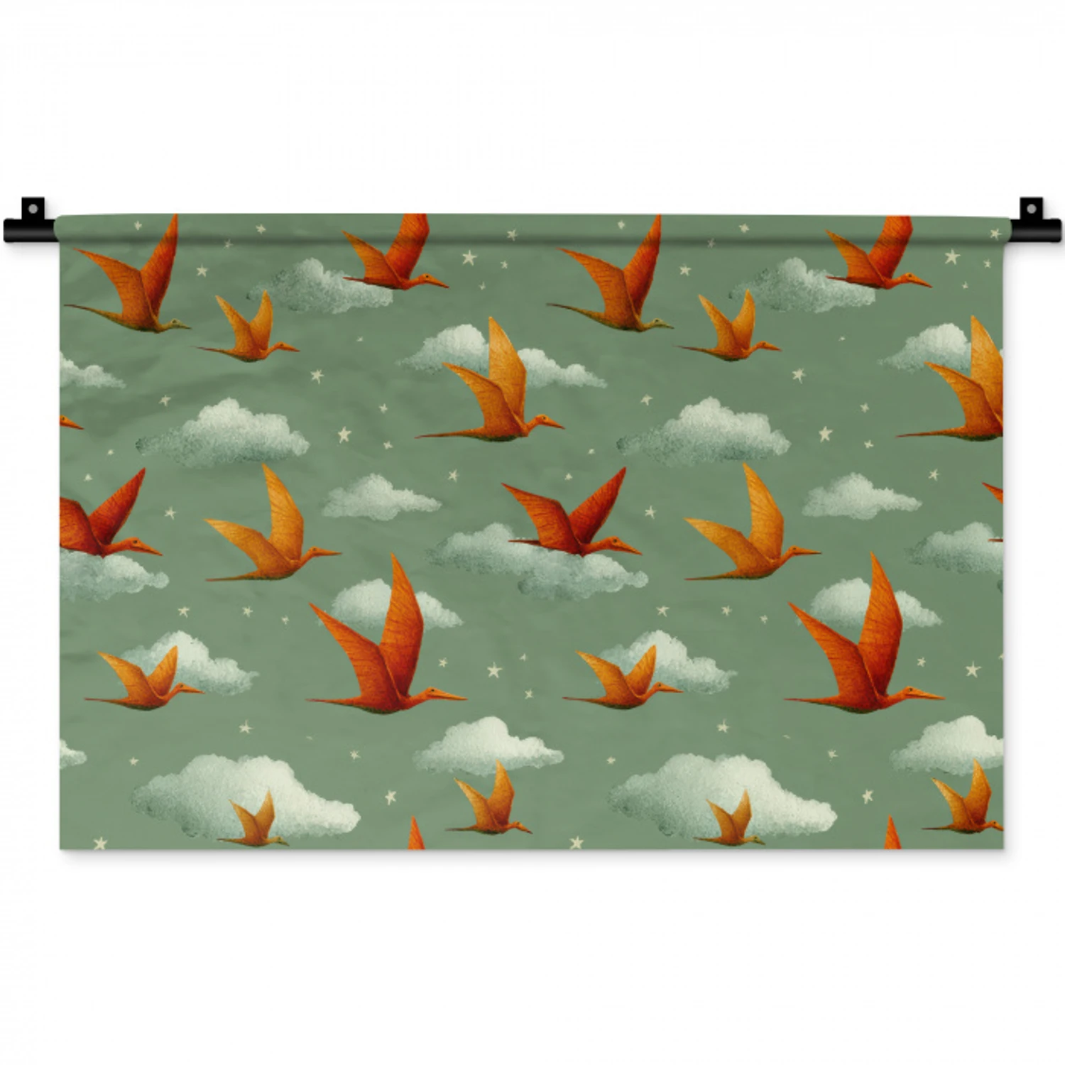 Dinosaurussen - Wolken - Sterren - Oranje Wandkleed katoen klein -zz3d