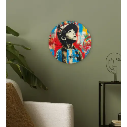 Graffiti - Vintage - Jongen - Street art - Neon - Banksy Wandcirkel kunststof plaat 5mm dik klein -sfeer3