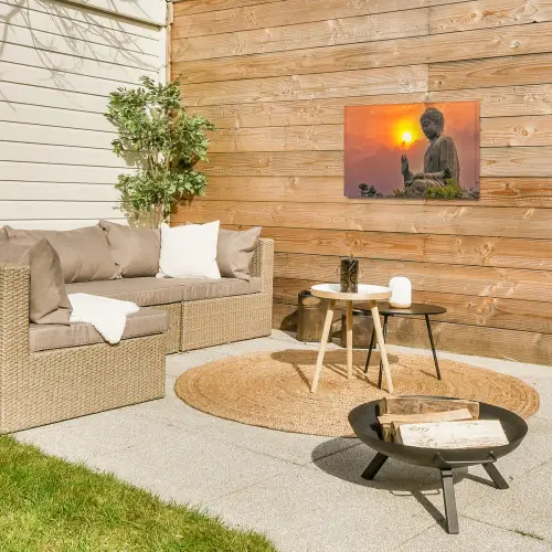 Grote Boeddha bij zonsondergang Tuinposter op houten frame 2 cm dik klein -sfeer2