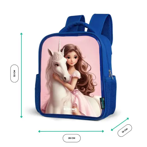 Meisje met witte eenhoorn op roze achtergrond Kinderrugzak - Blauw middel -productfoto_formaten