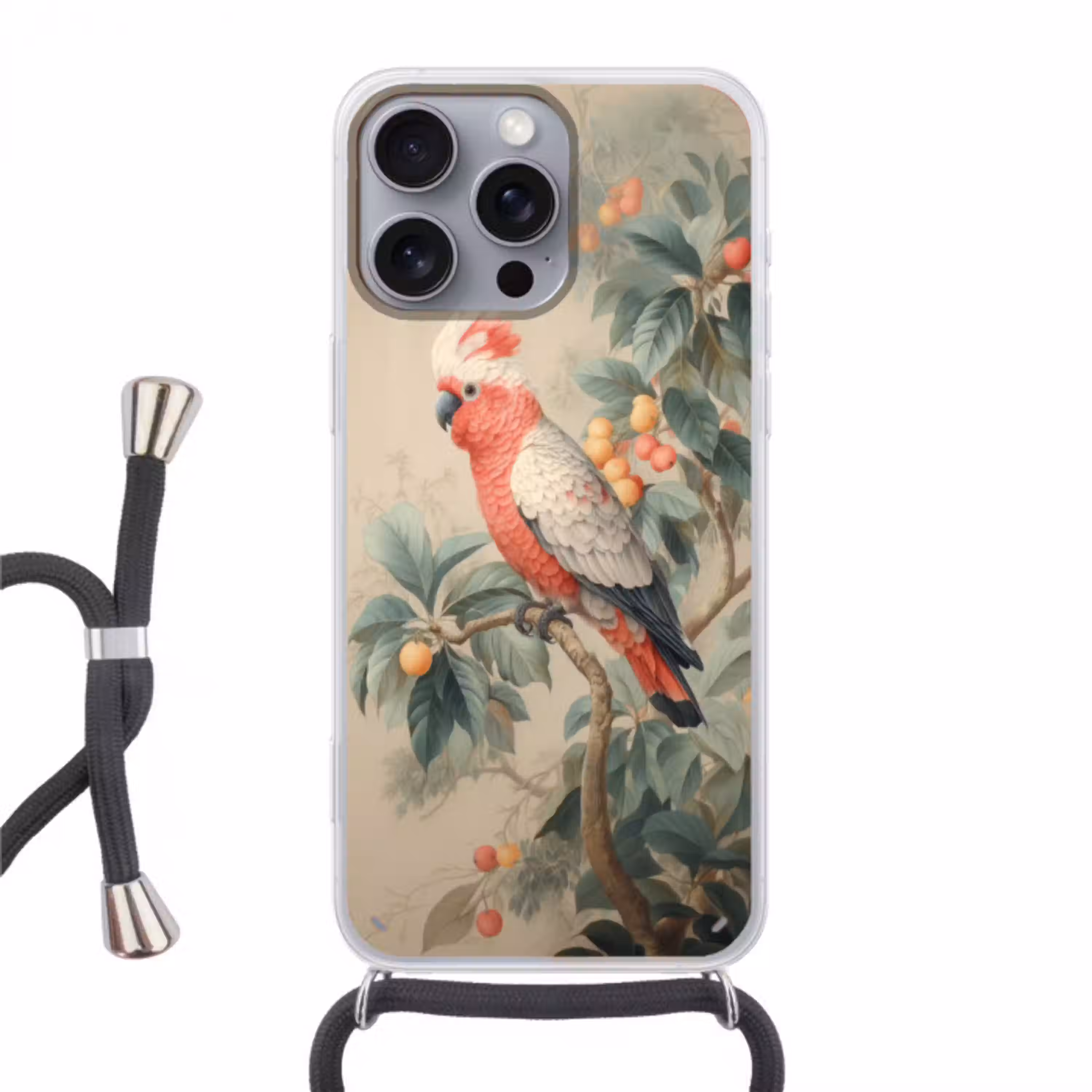 Roze kuifkaketoe - Tak met vruchten - Bladeren Hoesje iPhone 16 Pro Max met koord klein -3d