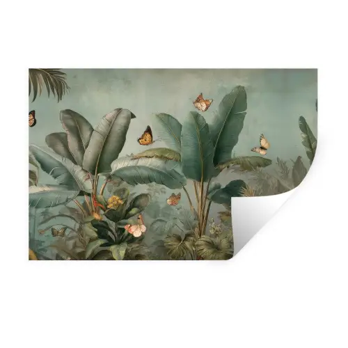 Tropisch bladerdek - Vlinders - groen - Bruin Muursticker klein -3d