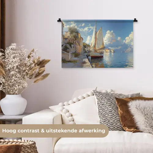 Zeilschip - Huizen - Kade - Zee Wandkleed katoen klein -sfeer1