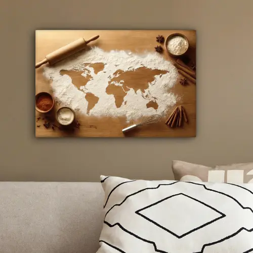 Hout - Wereldkaart - Bakken - Keuken canvas 2cm klein -sfeer3