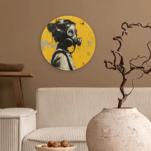 Vintage - Street art - Meisje - Masker - Geel - Banksy Wandcirkel kunststof plaat 5mm dik klein -sfeer1