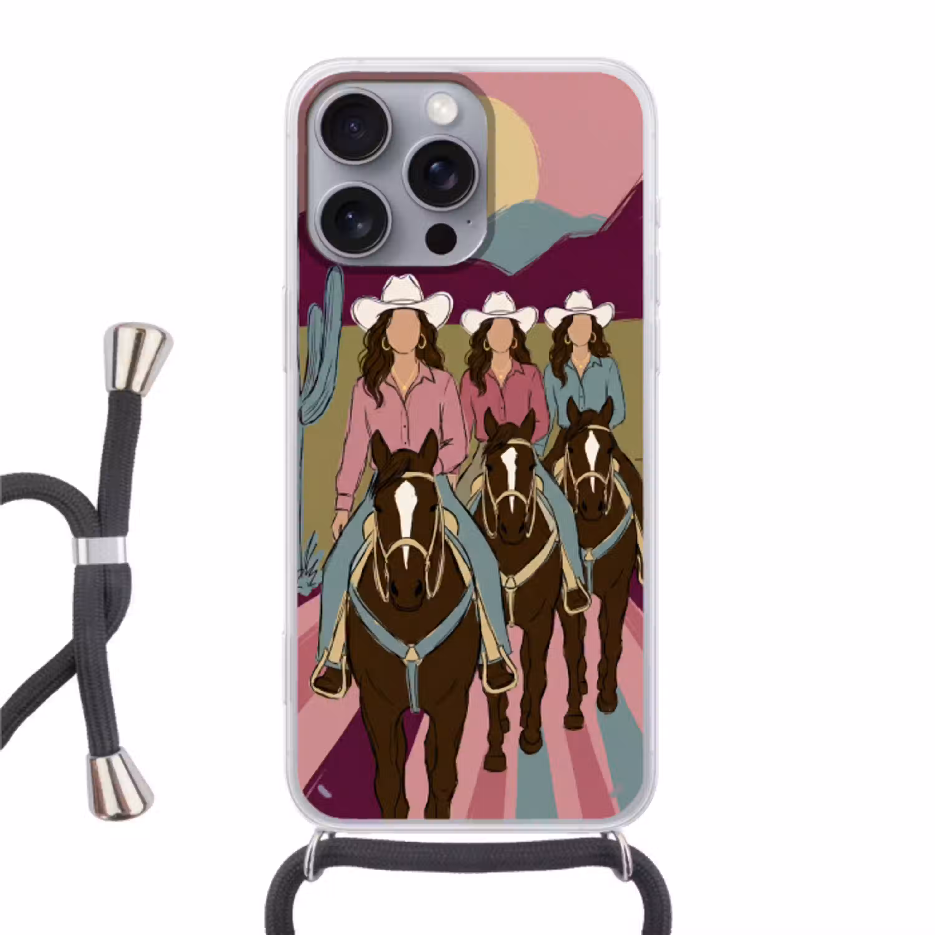 Mensen - Paard - Woestijn - Abstract - Roze Hoesje iPhone 16 Pro Max met koord klein -3d