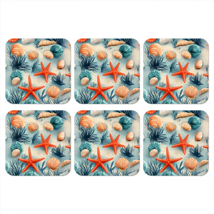 Zeesterren - Schelpen - Illustratie - Zand onderzetter kurk middel -3d