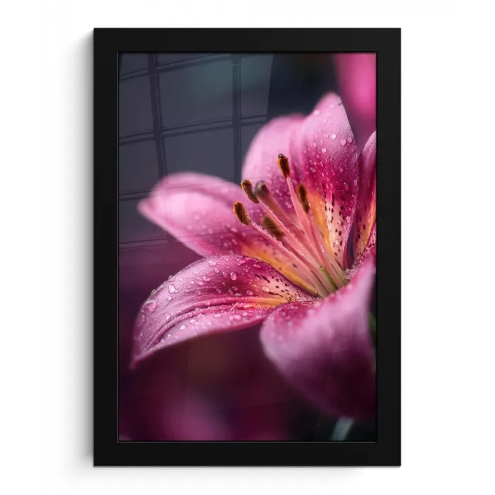 Roze - lelie - Dauwdruppels fotolijst zwart zonder passe partout klein -3d