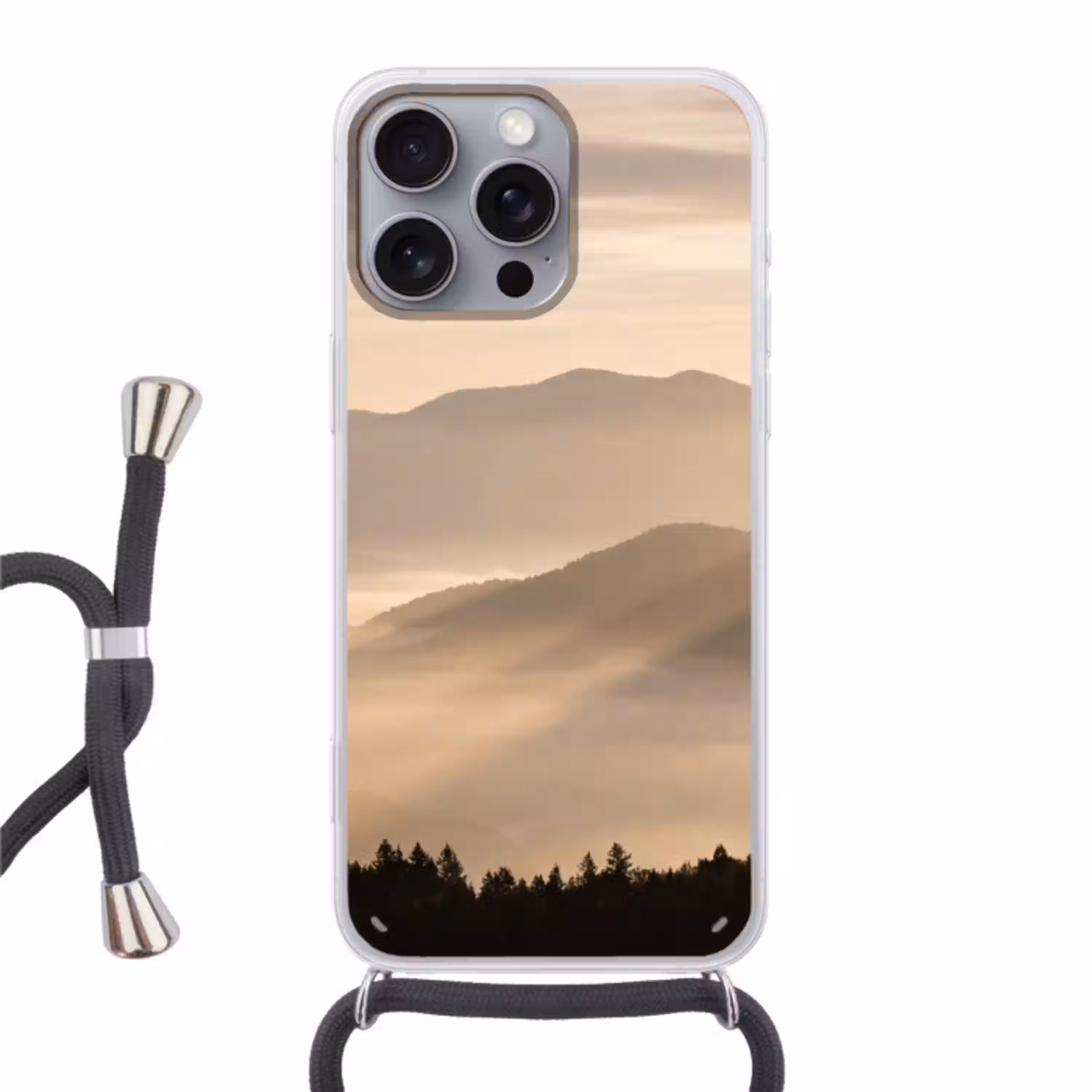 Bergen - Mist - Zonnestralen Hoesje iPhone 16 Pro Max met koord klein -3d