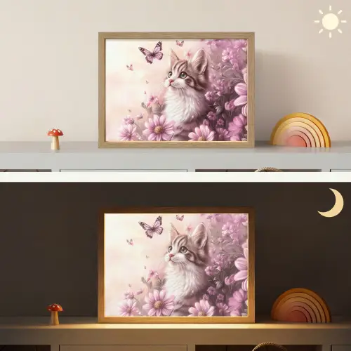 Kitten - Bloemen - Vlinders - Paars Light Box met batterij (Wandlamp kind) middel -sfeer3_kind