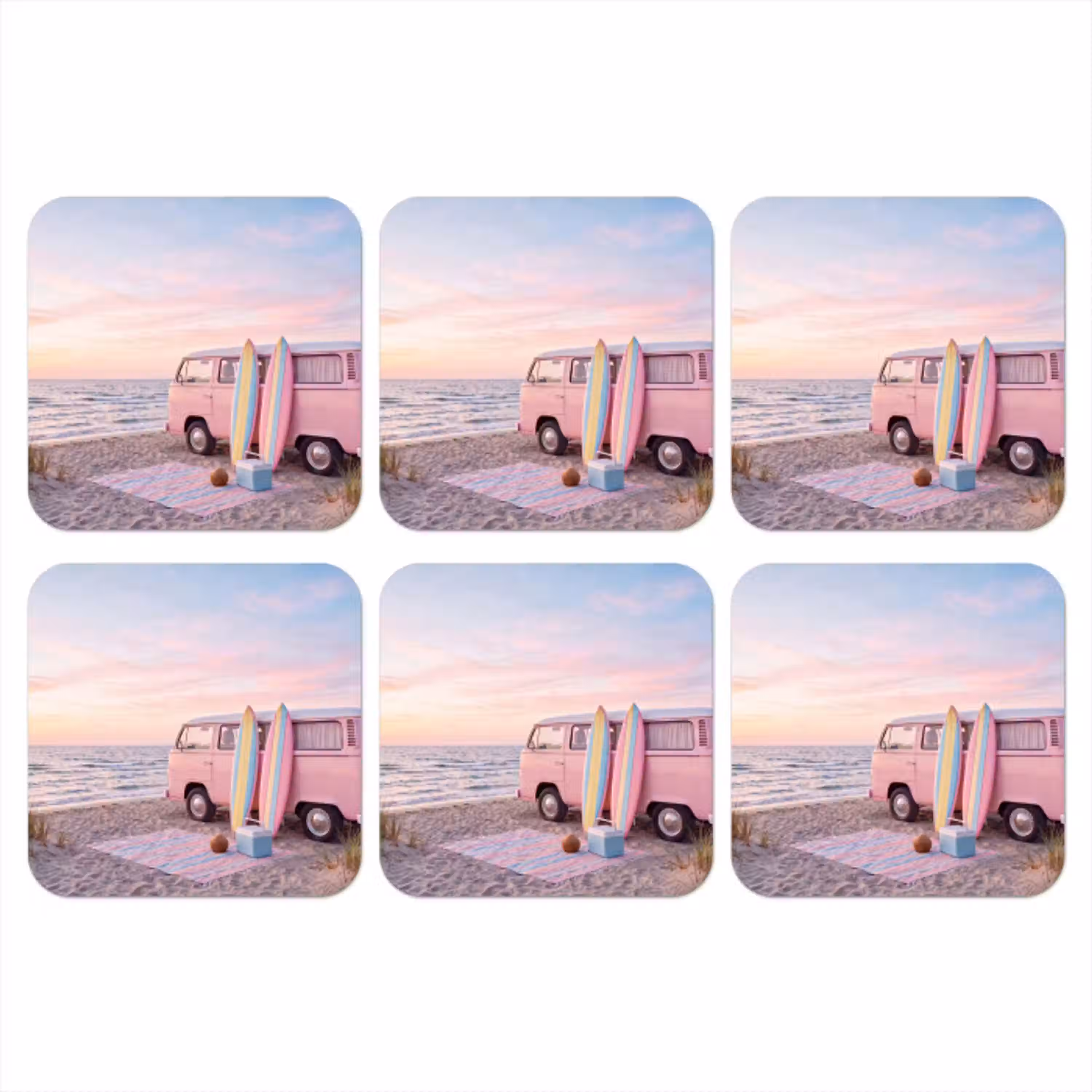 Busje - Strand - Surfplank - Zomer - Roze onderzetter kurk middel -3d