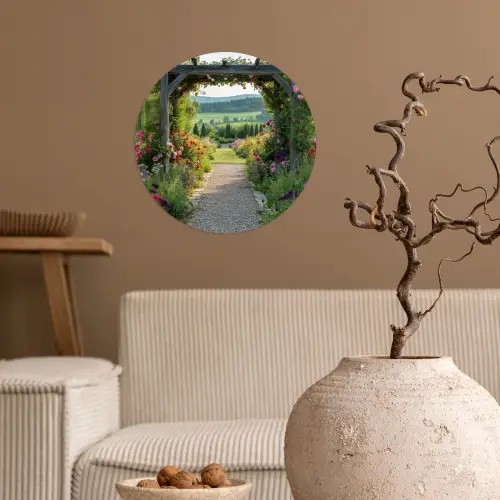 Doorkijk - Landschap - Natuur - Tuinboog - Bloemen Wandcirkel behangsticker klein -sfeer1