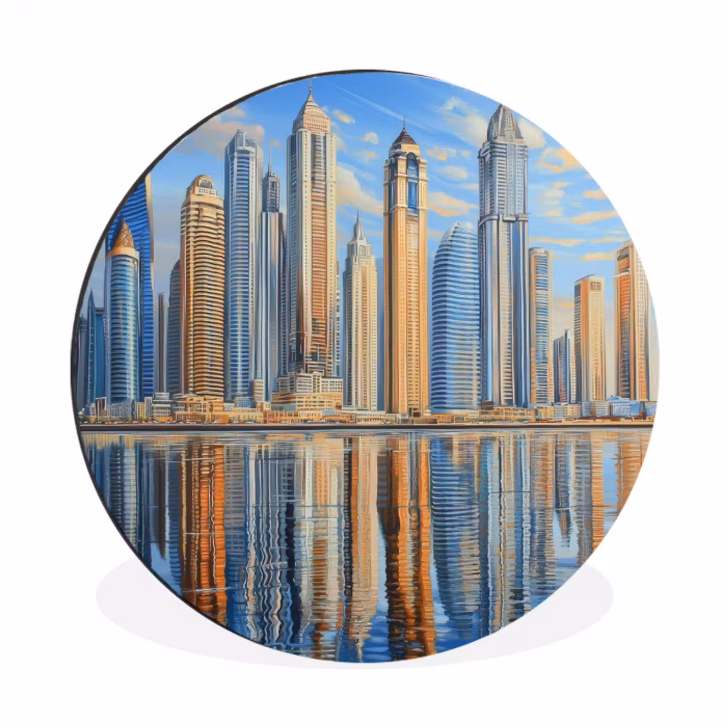 Skyline - Wolkenkrabbers - Water - Blauw Wandcirkel aluminium klein -3d