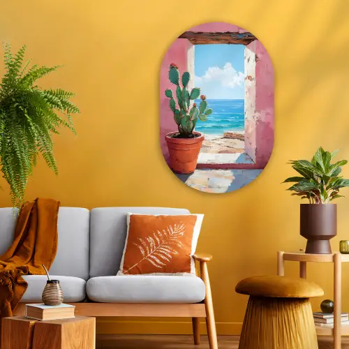 Zee - Roze - Cactus Wandcirkel Ovaal Glas middel -sfeer4