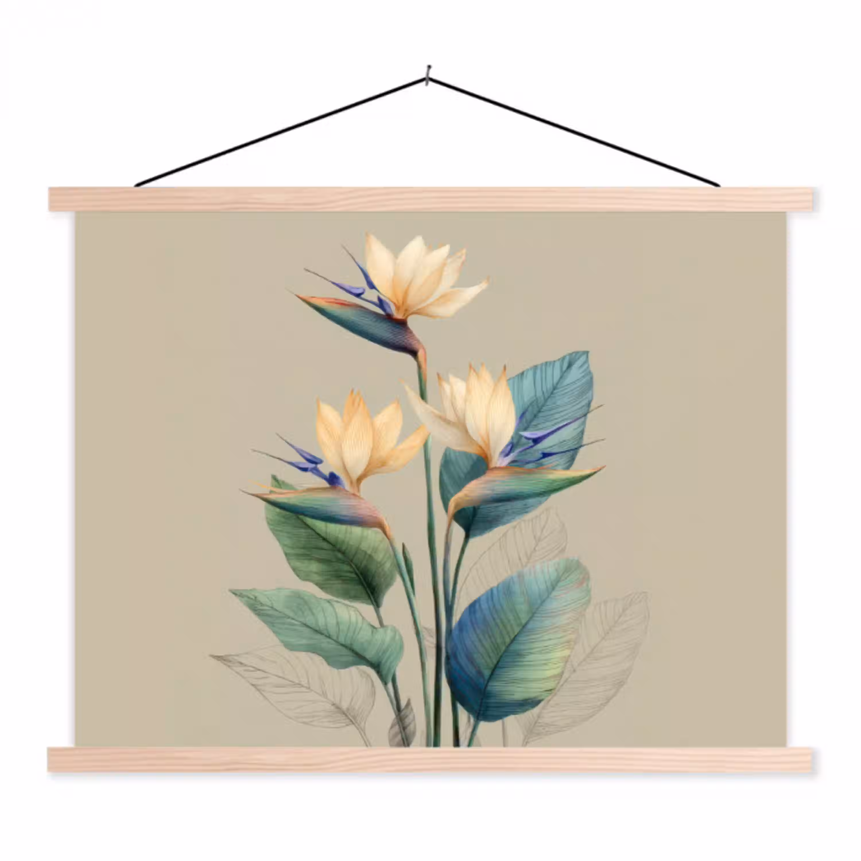 Paradijsvogelbloemen - Blauwgroene bladeren - Beige textielposter latten blank klein -3d
