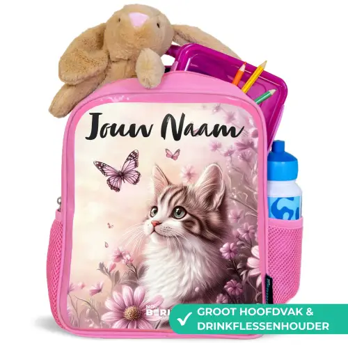 Kitten - Vlinders - Paars - Bloemen Kinderrugzak - Roze middel -inhoud_NL