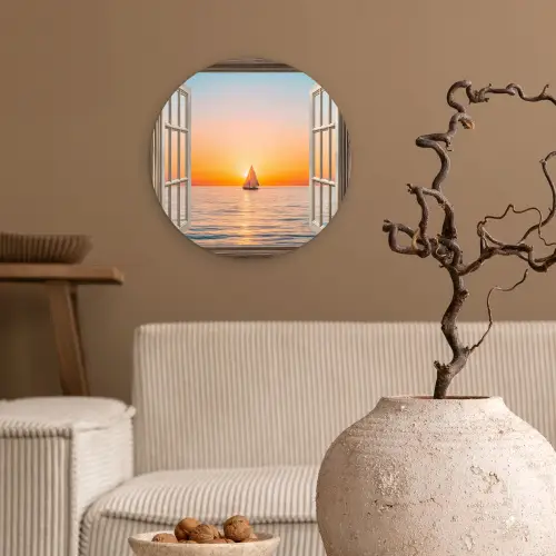 Doorkijk - Zee - Boot - Zonsondergang Wandcirkel kunststof plaat 5mm dik klein -sfeer1