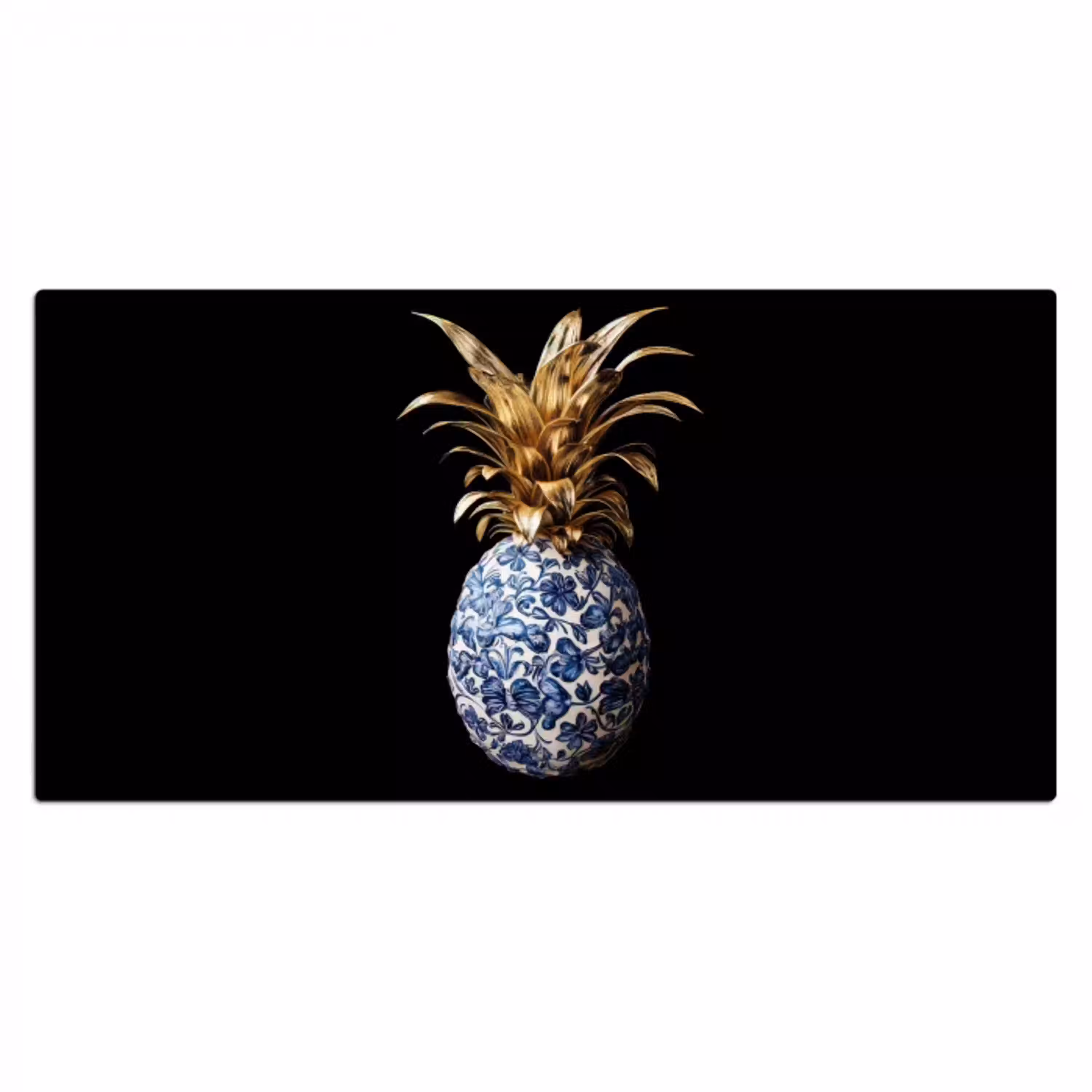 Ananas - Bloemen patroon - Goud - Delftsblauw Muismat XXL klein -3d_leeg