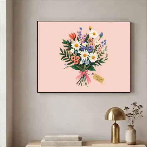 Margrieten - Boeket - Strikje - Roze Textielframe zwart klein -sfeer2