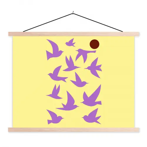 Vogels - Cirkel - Geel - Beweging textielposter latten blank klein -3d
