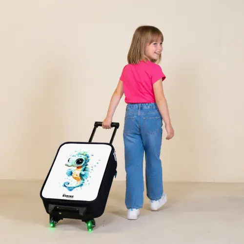 Blauw zeepaardje met grote ogen en luchtbellen Kinderkoffer - Zwart klein -sfeer1