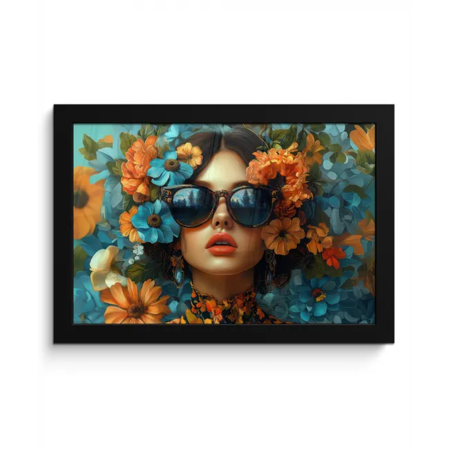 Vrouw - Bloemen - Oranje - Blauw - Modern fotolijst zwart zonder passe partout klein -3d