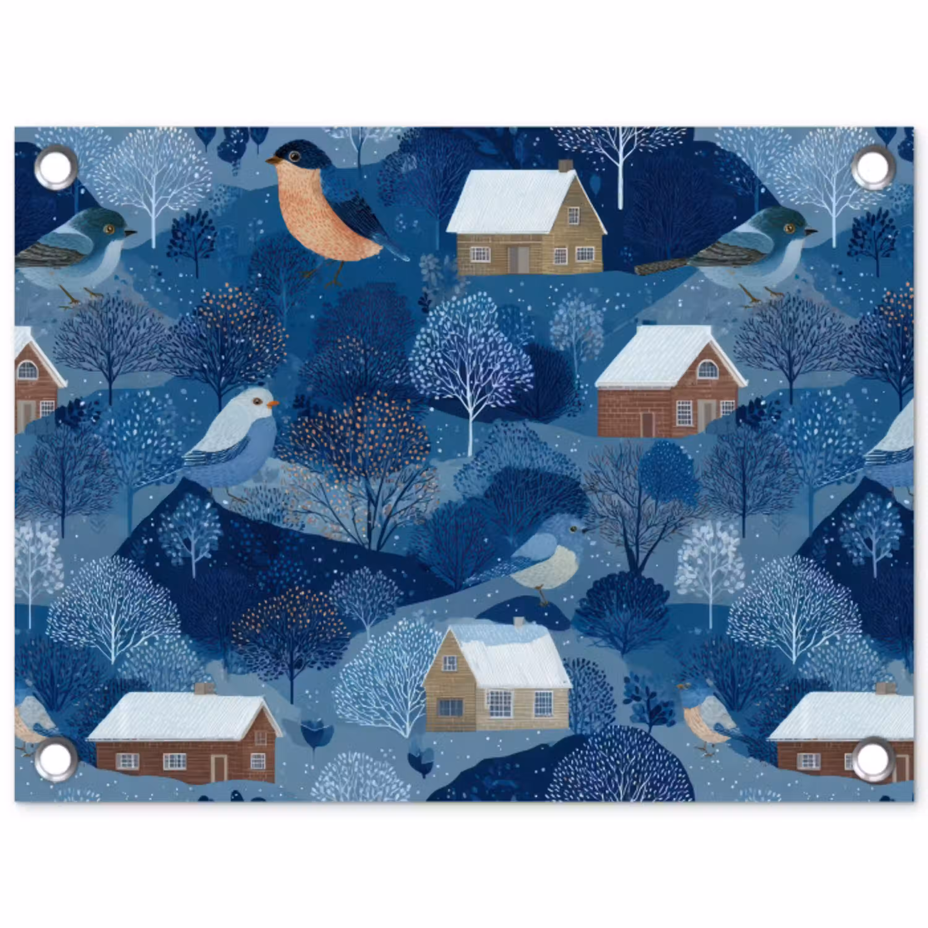 Huisjes - Vogels - Sneeuw - Winter - Blauw tuinposter los doek klein 239 -3d