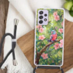 Papagaai - Hibiscusbloemen - Kleurrijk Hoesje Samsung Galaxy A52 5G met koord klein -sfeer4