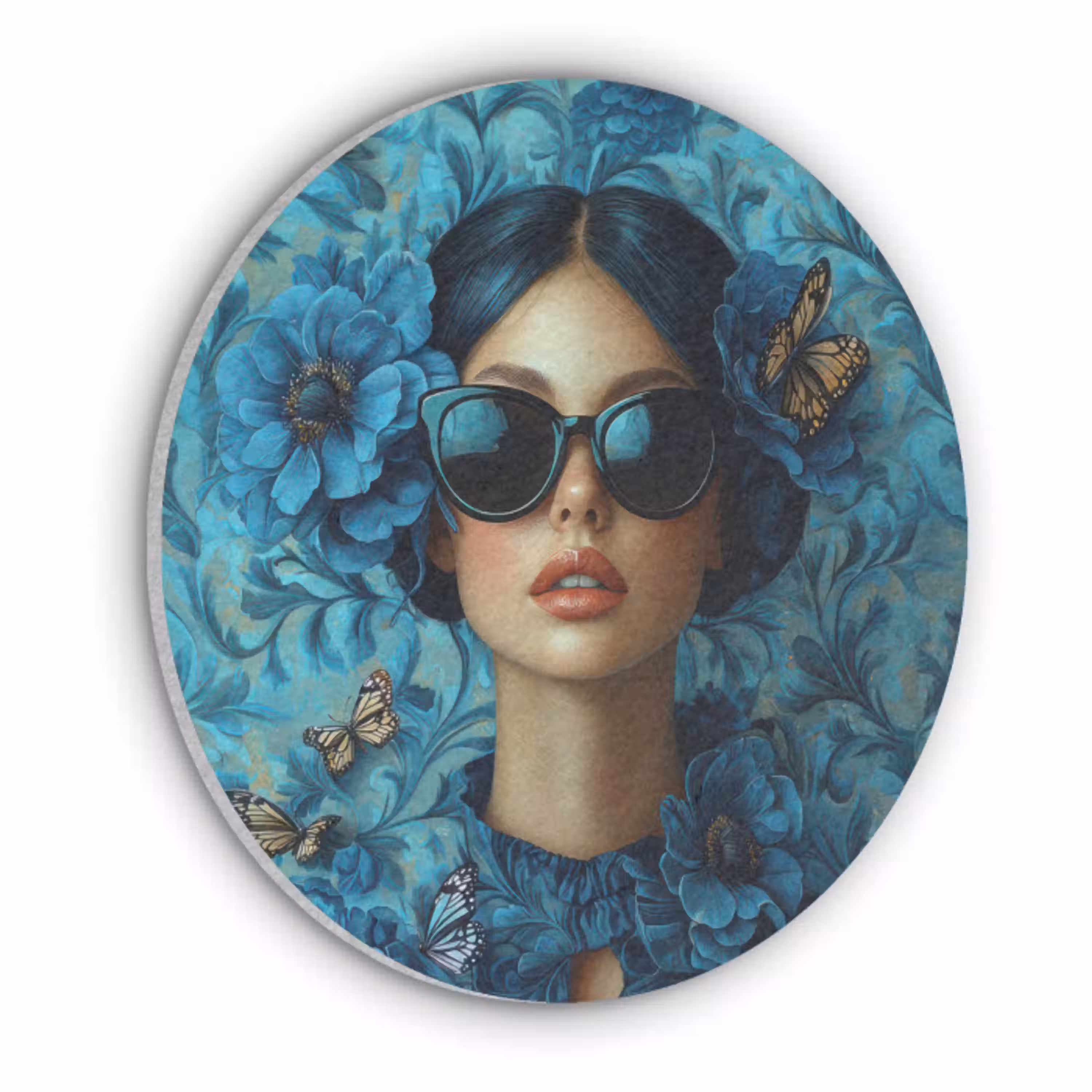 Vrouw - Bloemen - Vlinders - Blauw - Abstract Akoestische PET Vilt - Rond klein -3d