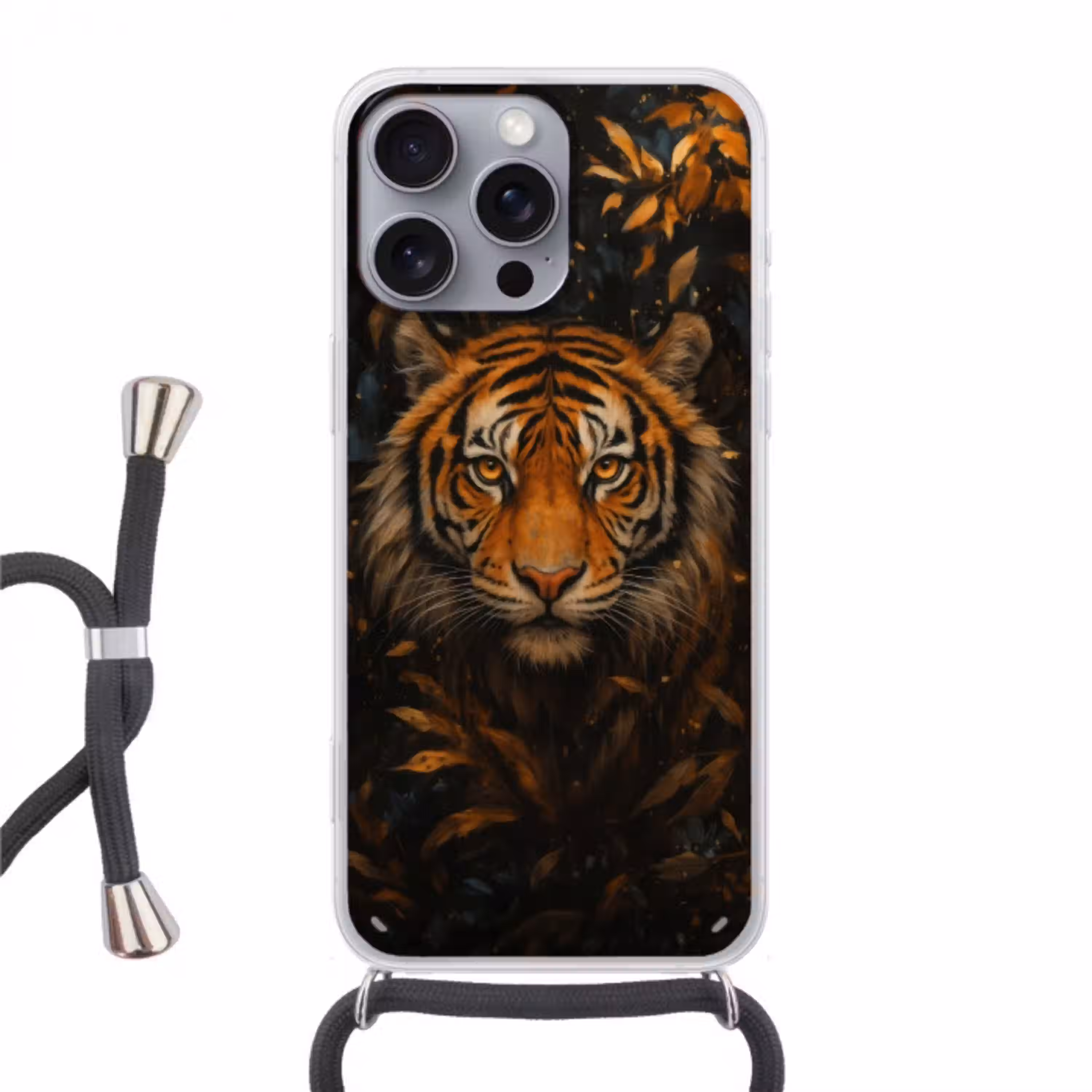 Bladeren - Tijger - Oranje Hoesje iPhone 16 Pro Max met koord klein -3d