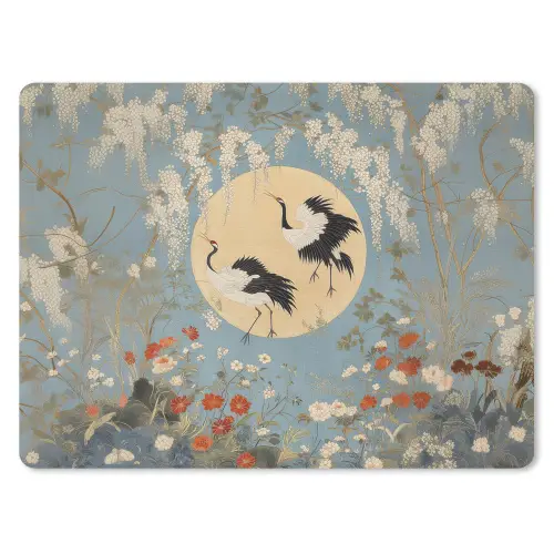 Kraanvogels - Maan - Bloemen - Blauw muismat rubber klein -3d