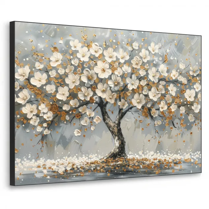 Boom - Goud - Bloemen - Abstract - Kunst Textielframe zwart klein -3d